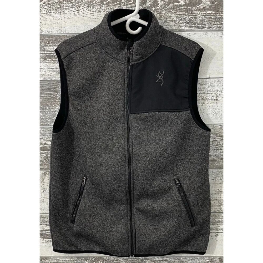 Browning Fleece Vest Black Gray Men's M Hunting Full Zip Embroider Logo Pockets